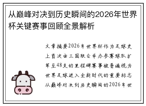 从巅峰对决到历史瞬间的2026年世界杯关键赛事回顾全景解析