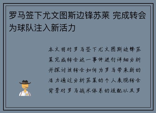 罗马签下尤文图斯边锋苏莱 完成转会为球队注入新活力